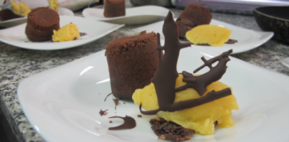 Moelleux coulant au chocolat, sorbet clémentines